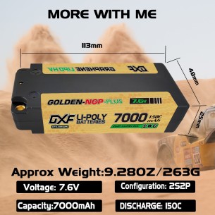 DXF Batteria Lipo 2S 7.6V MIDDLE 7000mAh 150C Gold-NGP 5mm avec cordon DEAN DXF-POWER