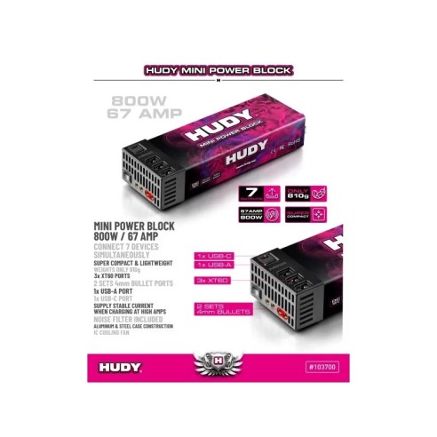 Caricabatterie HUDY Nuovo Mini Power Block 800W / 67 AMP 103700-EU
